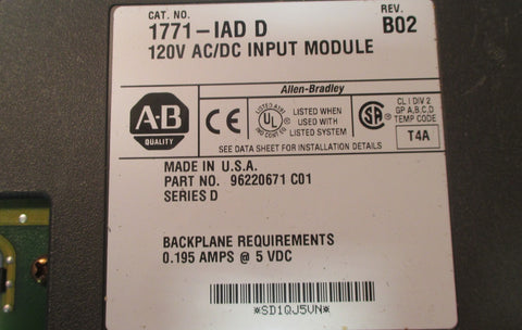 Allen Bradley 1771IAD D Rev. B02 120V AC/DC Input Module Series D Used