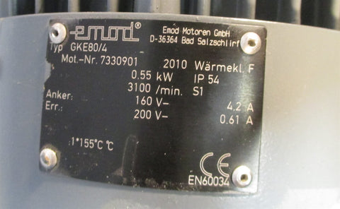 Emod Motoren GKE80/4 DC Electric Motor 0.55 kW 160 V 200 V 7330901 NWOB