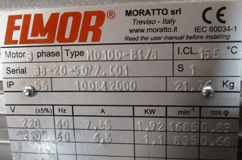 Elmor Moratto MD100B4/8 Electric Motor 1.92 kW, 1.1 kW, 1685 RPM, 220 V
