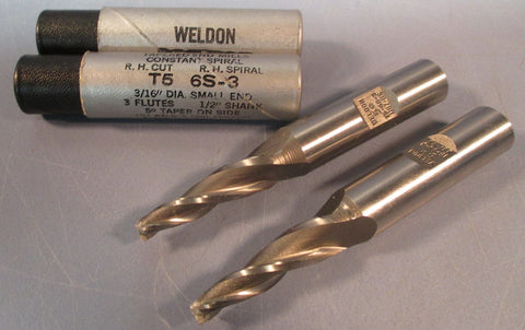 Lot of 2 Weldon 5° TaperedEndMill:Constant Spiral T5 6S3,3/16"DIA,1/2"SHK,3FL,U