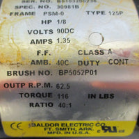 Baldor GPP12545 Gearmotor 90 VDC 1/8 HP 40:1 Ratio 62.5 RPM 5/8" Shaft Dia
