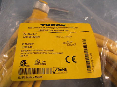 TURCK Part# Wkm 50-10M/S90 Mini Fast Cordset U2333-02 10m Long