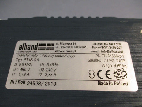 ELHAND TRANSFORMER 0.8 KVA 50/60HZ 480VAC  ET1S-0.8 PN-EN-61558-2-1
