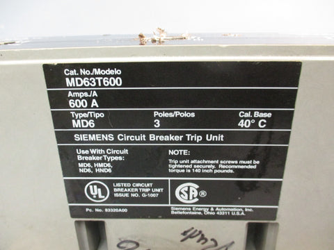 Siemens MD63T600 600A 3-Pole Thermal Magnetic Circuit Breaker Trip Unit Typ MD6