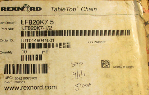 Rexnord LF820K7.5 Tabletop Conveyor Chain 10ft Long 7.5" Wide 1.5" Pitch