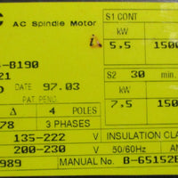 Fanuc A06B-0854-B190 AC Spindle Motor 5.5/7.5kW 1500/8000RPM 32mm Shaft Dia