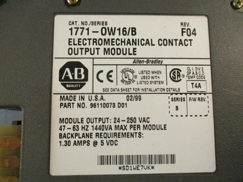 Allen Bradley 1771-OW16/B Relay Output Module Ser B 250VAC 63Hz 1440VA