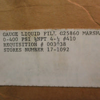 Marshall Town Gauge G25860 Liquid Filled 0-400PSI ½NPT 4-½ #410 NEW