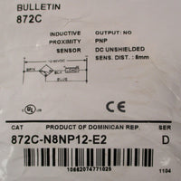 Allen Bradley 872CN8NP12E2 Ser D Inductive Proximity Sensor 8mm Sens. Dist.