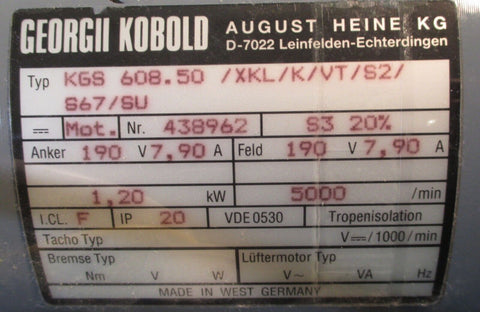 Georgii Kobold KGS 608.50 /XKL/K/VT/S2/S67/SU, 190 V 7,90 A Electric Motor Used