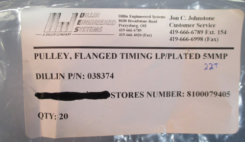 Lot 2 Dillin Engineering 038374 Flanged Timing Pulley 5mm Pitch, 22 Teeth NWOB
