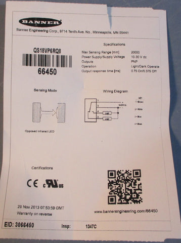 (Lot of 2) Banner QS18VP6RQ8 Photoelectric Sensor 1030VDC