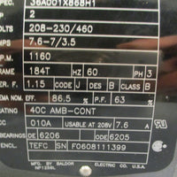 Baldor M3614T 3-Phase Industrial Motor 2 HP 1160 RPM 1-1/8" Shaft Dia