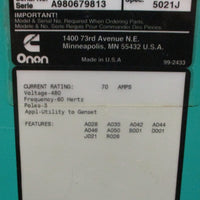 Cummins Onan OT 70 Automatic Transfer Switch 70A 480V 60Hz 3 Pole 0306-3486-06