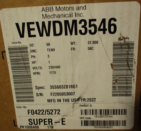 Baldor Reliance VEWDM3546 3 PH Motor 1770 RPM 56C TENV 1HP 5/8" Shaft Dia