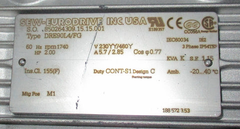 Sew Eurodrive DRE90L4/FG 3 Phase Motor 60 Hz 1740 RPM 1" Shaft Dia