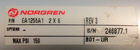 Norgren EA1255A12 X 6 Pneumatic Cylinder Rev 3 150 PSI Max 6" Stroke 2" Bore