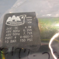 AAA Products Int. Part#V-600-3 150PSI, 24V DC, 4.8W 48V 50/60Hz Valve Coil