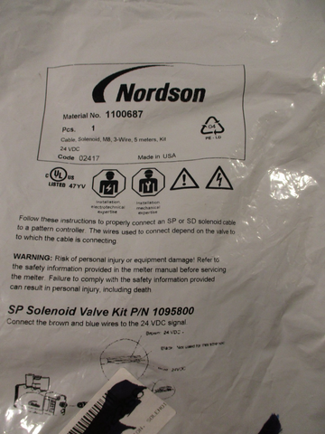 Nordson 1100687 Solenoid Cable M8 3Wire 5 Meters Kit, 24VDC