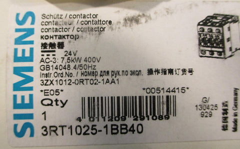 Siemens 3RT1025-1BB40 Contactor 24 VDC Coil 3 PH 5.7 KW 400V AC