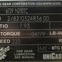Nord SK 672F N210TC Gearbox 7.93:1 04779 LBIN 220RPM 13/8" Shaft Dia NOS
