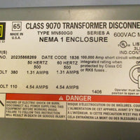 Square D Class 9070 MN500G0 Ser A,  NEMA 1 Encl Transformer Disconnect 500 VA