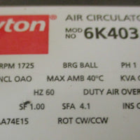 Dayton 6K403J Air Circulator Motor 1/4HP 1725RPM 1PH 115V 48YZ Frame 1/2" Shaft