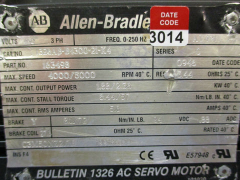 Allen Bradley Electric Servo Motor: 1326AB-B430G-21-K4, 460V, 4 PH