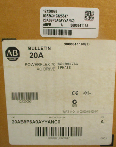 Allen Bradley 20AB9P6A0AYYANC0 Ser A PowerFlex 70 Variable Frequency Drive 3PH