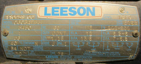 Leeson Electric Motor C6C34FB5F 3450 Rpm 1 Hp IC B4 SF 1.15 115V 5/8" Shaft Dia