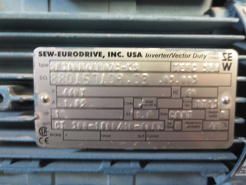Sew Eurodrive 1 HP Inverter/Vector Duty 3 PH AC Motor DFT80M4MM07CKS w/ MLU 11A