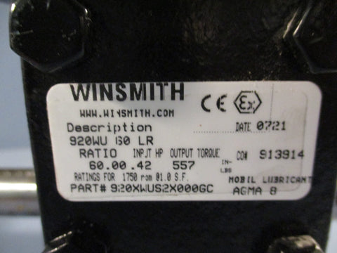 WINSMITH 920XWUS2X000GC 60:1 WORM GEAR SPEED REDUCER 920WU LR 60:1 1750RPM