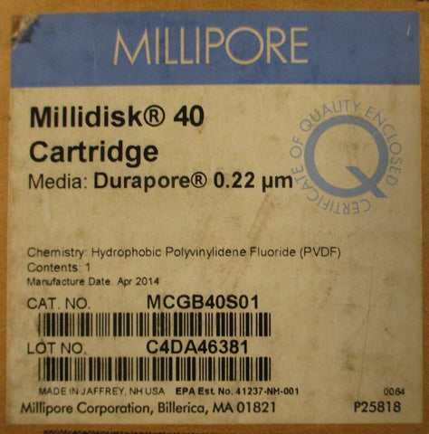 Millipore MCGB40S01 Filter Cartridge Hydrophobic 40 Stack 0.22 UM Pore Size