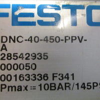 Festo DNC40450PPVA Pneumatic Cylinder 450mm Stroke 40mm Bore 145PSI Max