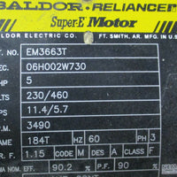 Baldor Reliance EM3663T SuperE 5 HP Motor 3490 RPM, 3 Phase, 184T Frame