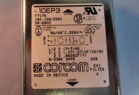 Corcom 10EP3 RFI Power Line Filter 120/250V, 10A 5060Hz Used