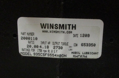 Winsmith 935 Speed Gear Reducer 935CSFS554X0DN 20:1 Ratio, 4.18 HP In 2730 In-Lb