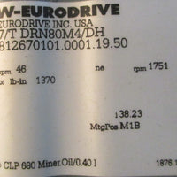 Sew Eurorive SA47/T DRN80M4/DH Gearmotor 230/460V 1751/46rpm 1.0hp 3.1/1.56A NOS