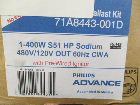 Philips Advance 71A8443001D 400W HP Sodium Ballast Kit W/Prewired Ignitor  New