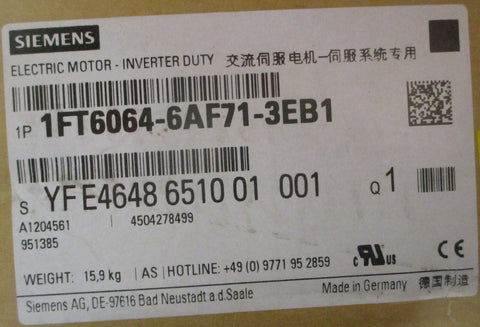 Siemens 1FT6064-6AF71-3EB1 Servo Motor Inverter Duty 9100/3000RPM 3PH IP65