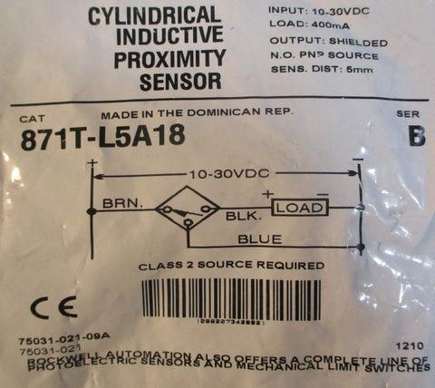 Allen Bradley 871T-L5A18 Ser B Cylindrical Inductive Proximity Sensor 10-30VDC