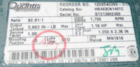 Dodge Quantis HB483CN140TC Gear Reducer 92.91:1 11/4" Shaft Dia 15/16" Bore