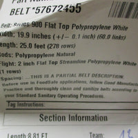 Intralox 900 Series Flat Top Polypropylene White Conveyor Belt 19.9" W x 8.81' L