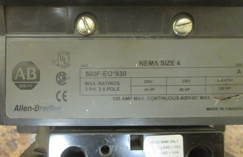 Allen Bradley 500FEO*930 Size 4 Contactor Starter Ser A 135 Amp CE236 Coil Used