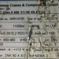 Demag DCCOM 5500 1/1 H5 V5.4/1.32 Electric Chain Hoist 1100lb 440480 VAC