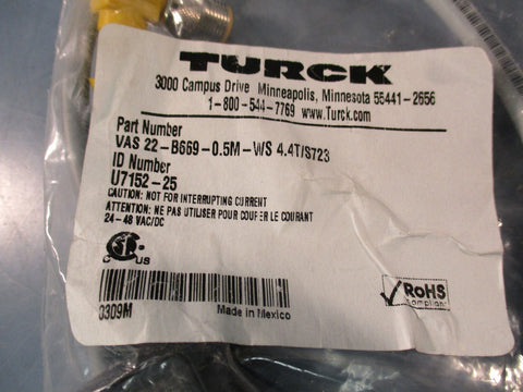 TURCK VAS 22-B669-0.5M-WS 4.4T/S723 ID NUMBER: U7152-25 SOCKET CONNECTOR