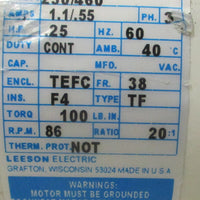 Leeson CM38T17FZ18A Gearmotor K15B 20:1 Ratio 86 RPM 0.25 HP 1/2" Shaft Dia