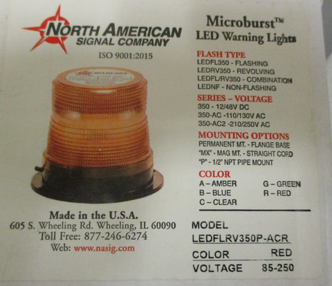 North American Signal Company LEDFLRV350P-ACR LED Warning Light Red 85-250V