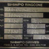 Shimpo Ringcone RA4073M1.5 Gearbox w/ Baldor VWDM3558T Motor 13/4" Shaft Dia