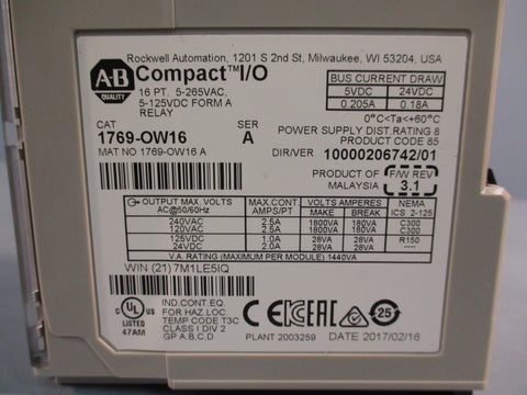 Allen-Bradley 1769-OW16 CompactLogix Relay Output Module Series A F/W Rev 3.1